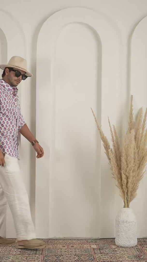 Floral Block Print Indigo Pure Linen Shirt