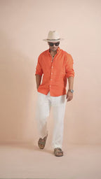 Solid Coral Orange Pure Linen Shirt