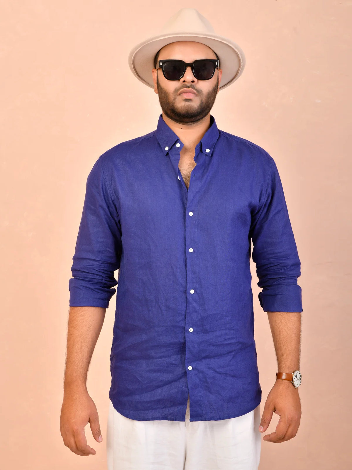 Solid Cobalt Blue Pure Linen Shirt