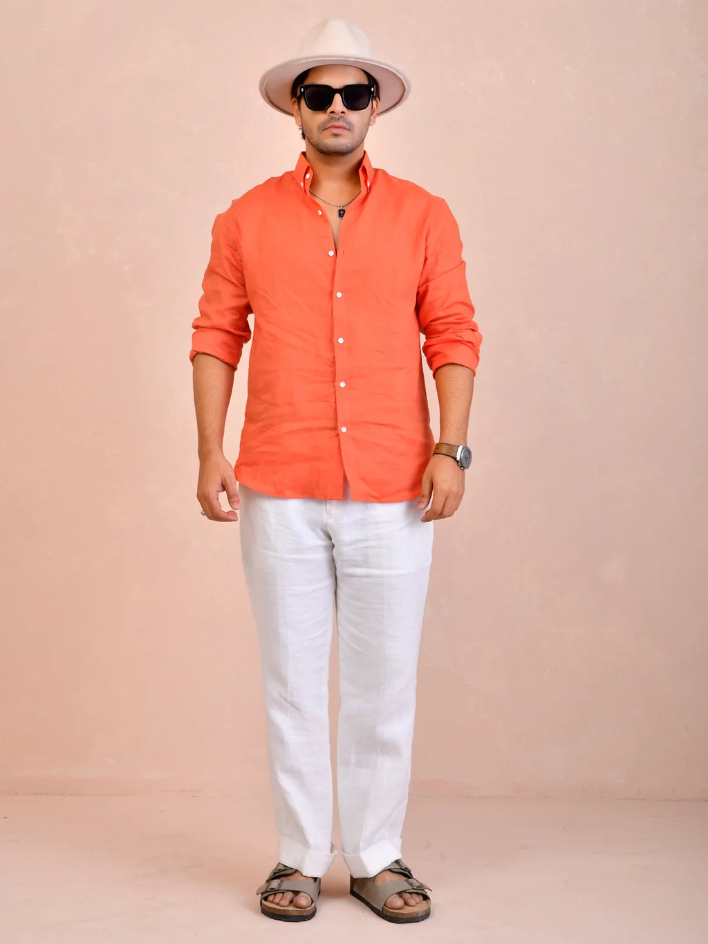 Solid Coral Orange Pure Linen Shirt