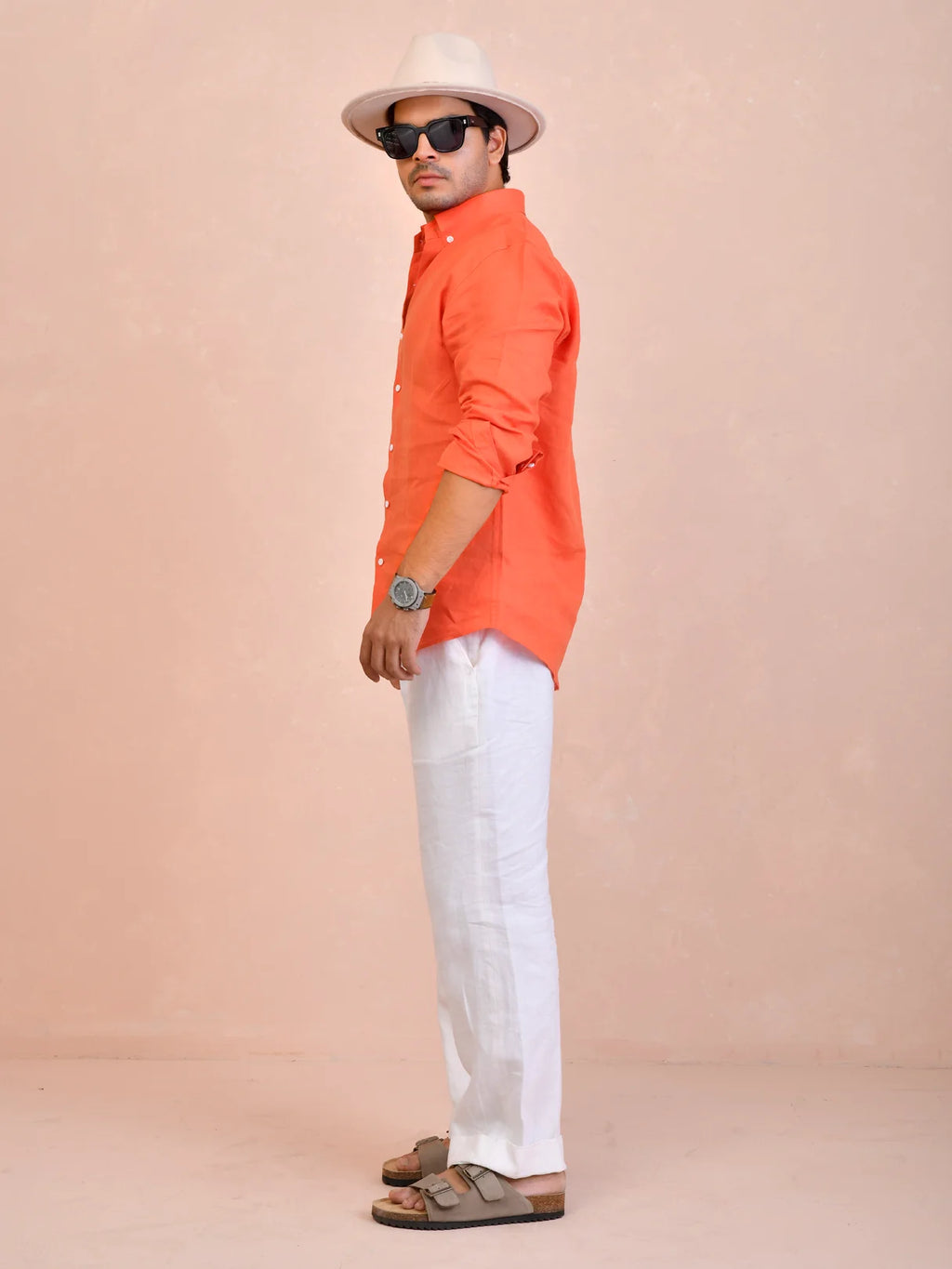 Solid Coral Orange Pure Linen Shirt
