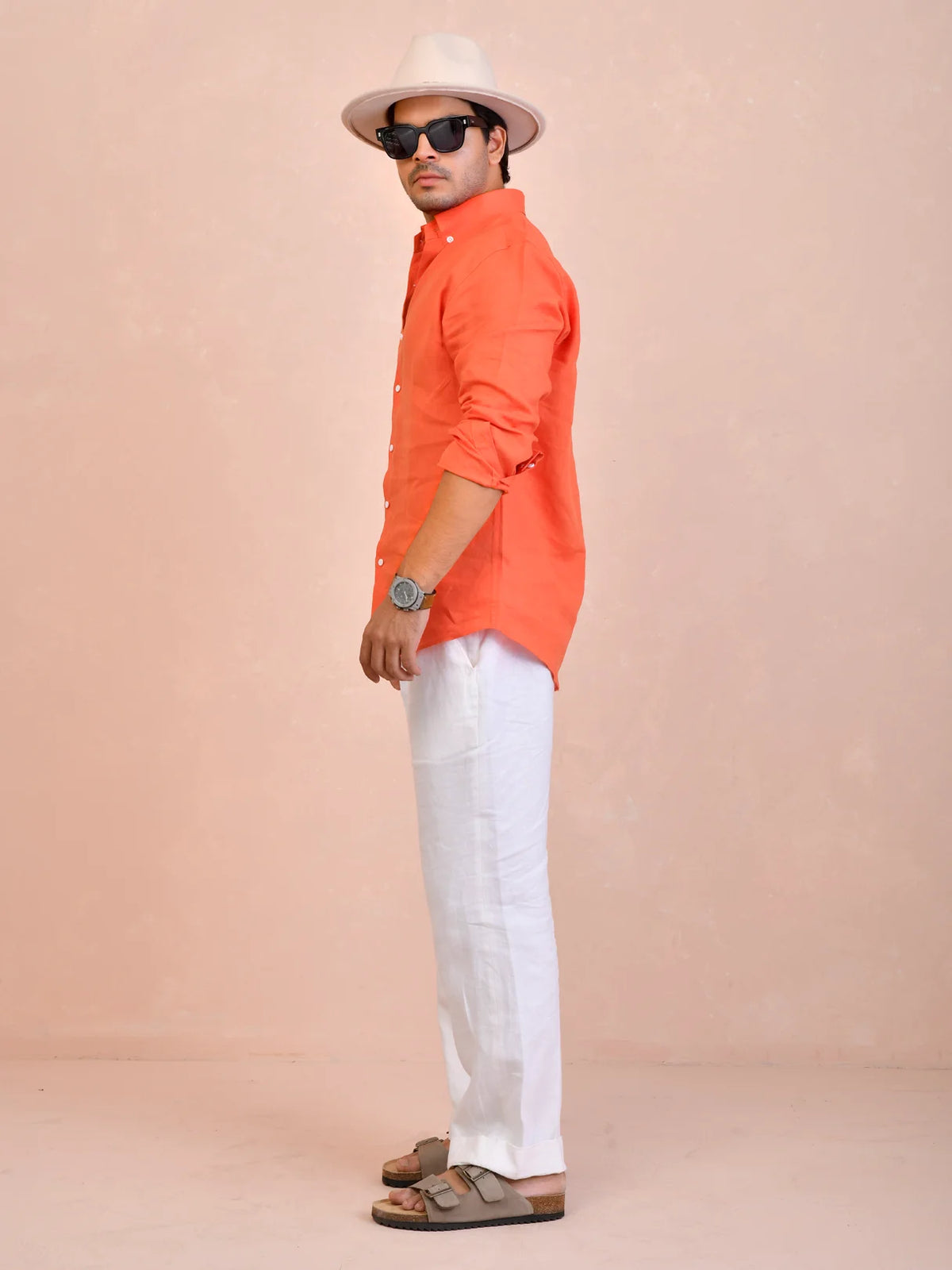 Solid Coral Orange Pure Linen Shirt