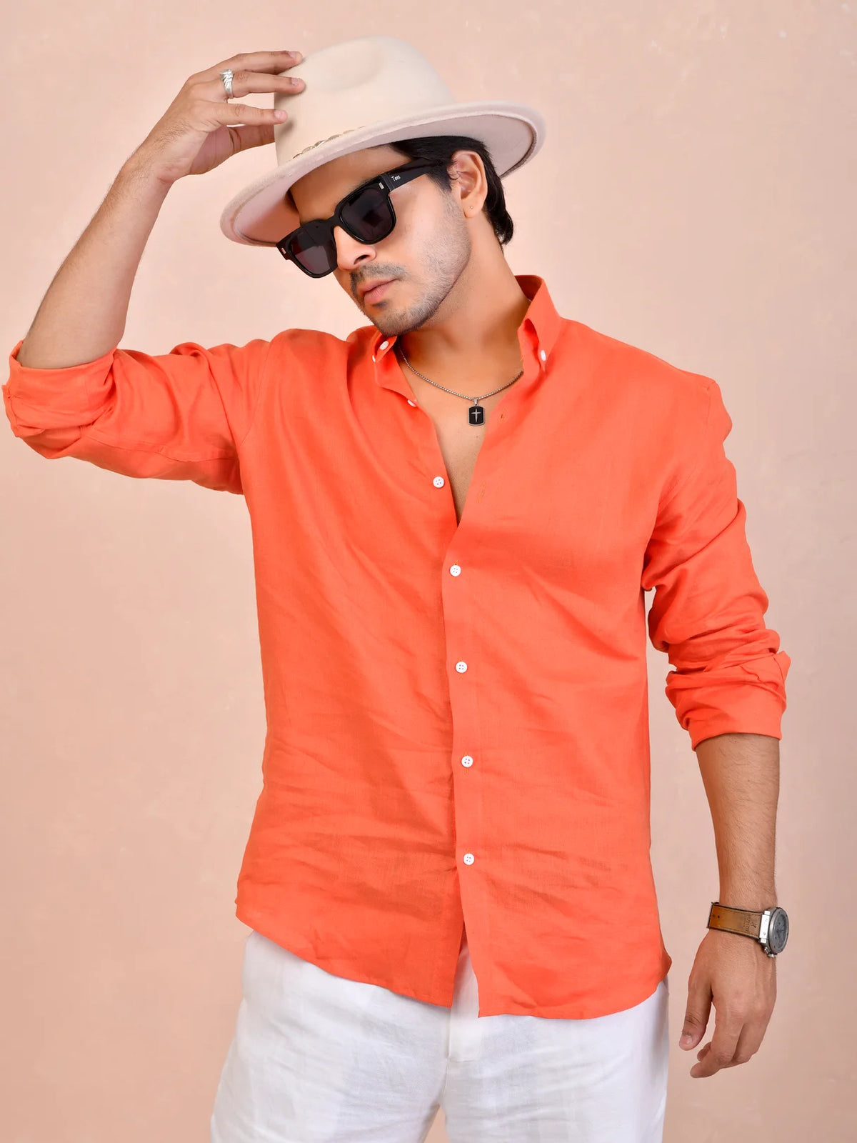 Solid Coral Orange Pure Linen Shirt