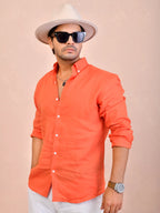 Solid Coral Orange Pure Linen Shirt