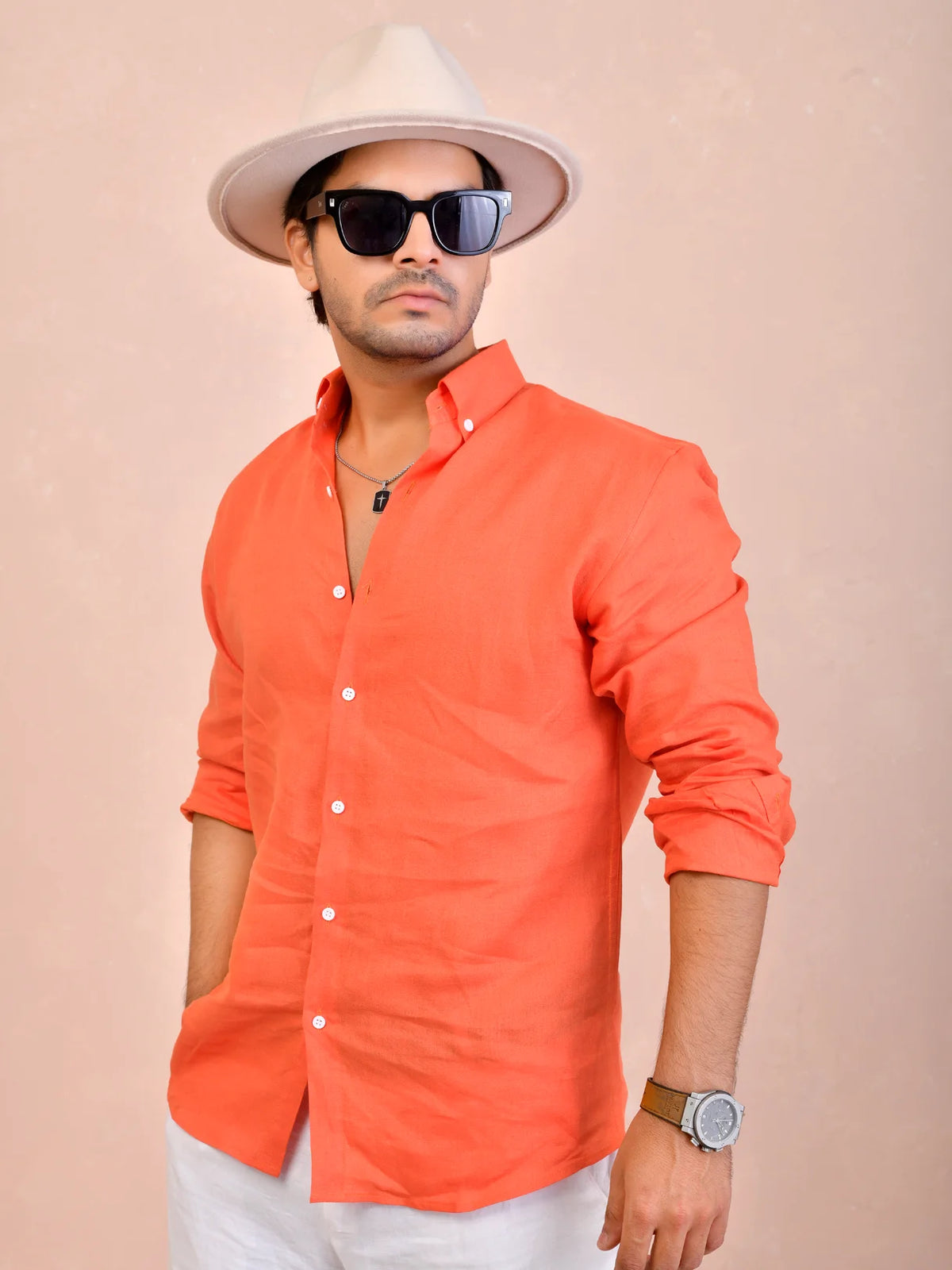 Solid Coral Orange Pure Linen Shirt