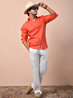 Bandhej Coral Red Pure Linen Shirt