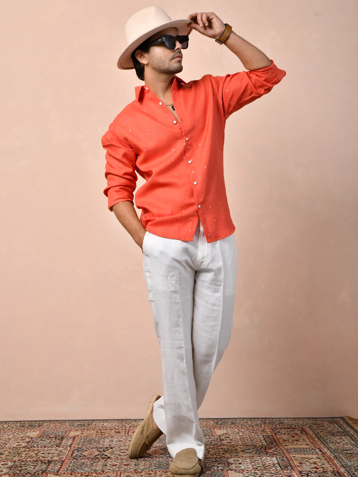 Bandhej Coral Red Pure Linen Shirt