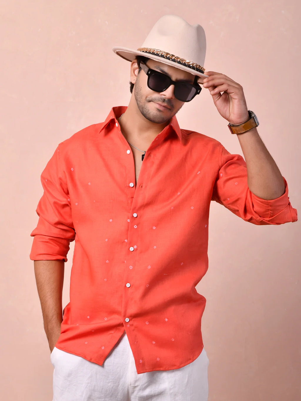 Bandhej Coral Red Pure Linen Shirt