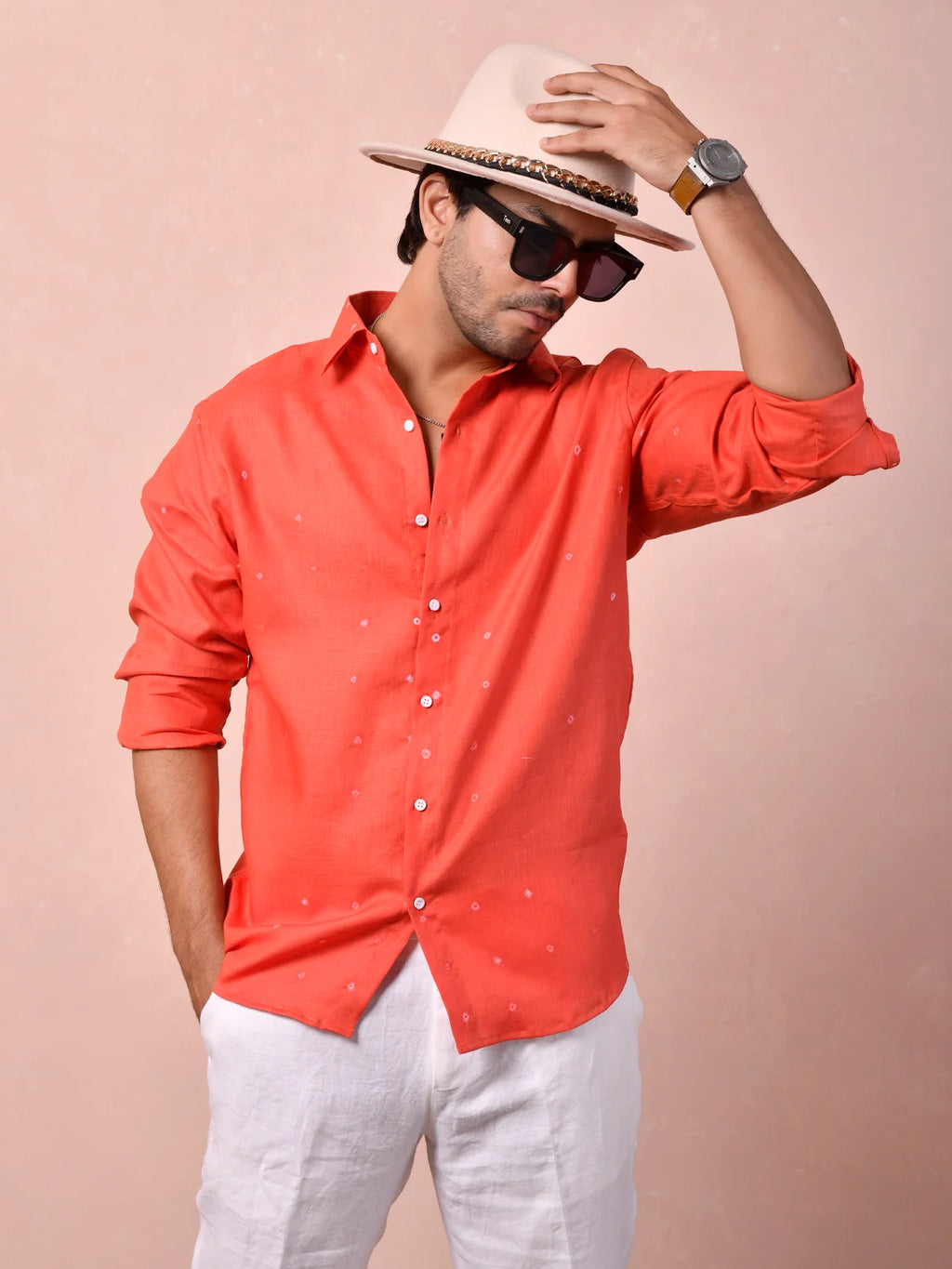 Bandhej Coral Red Pure Linen Shirt
