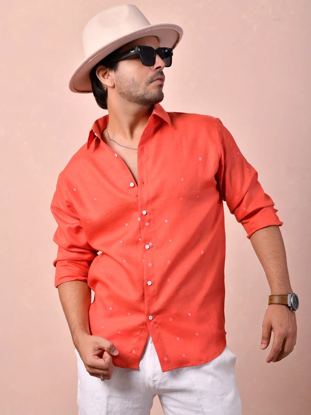 Bandhej Coral Red Pure Linen Shirt