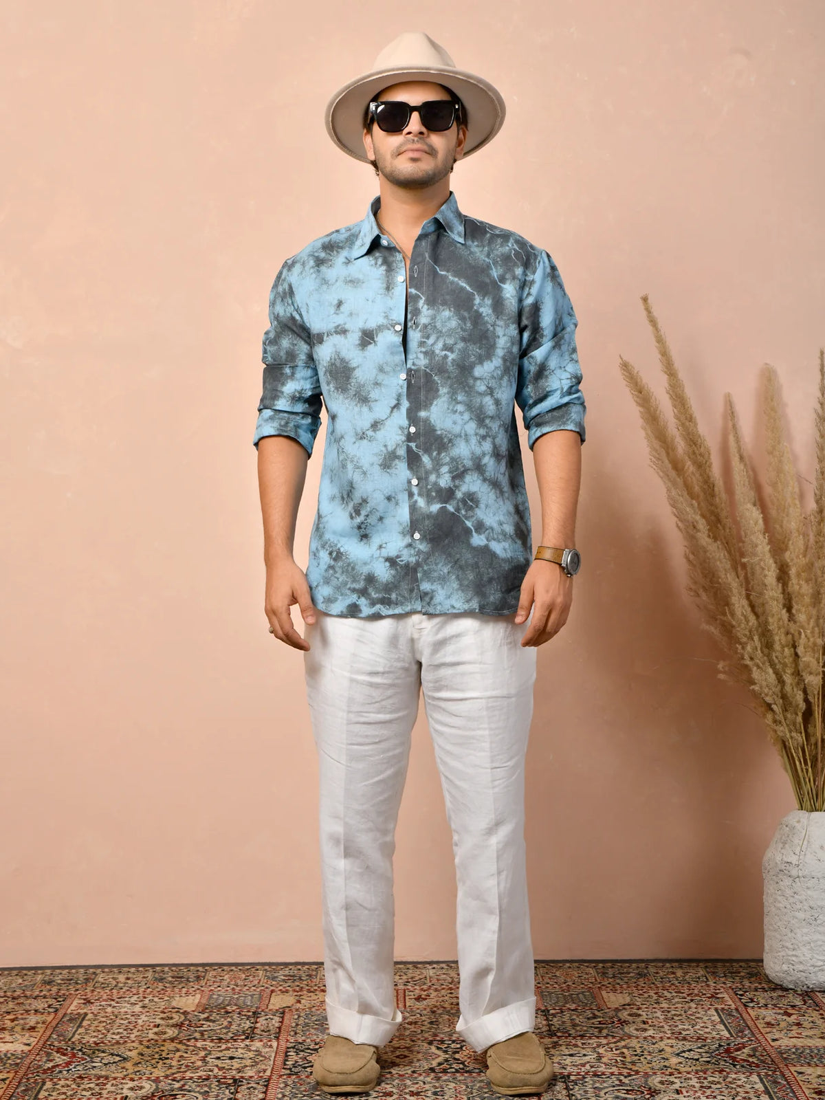 Tie & Dye Dusty Sky Blue Pure Linen Shirt
