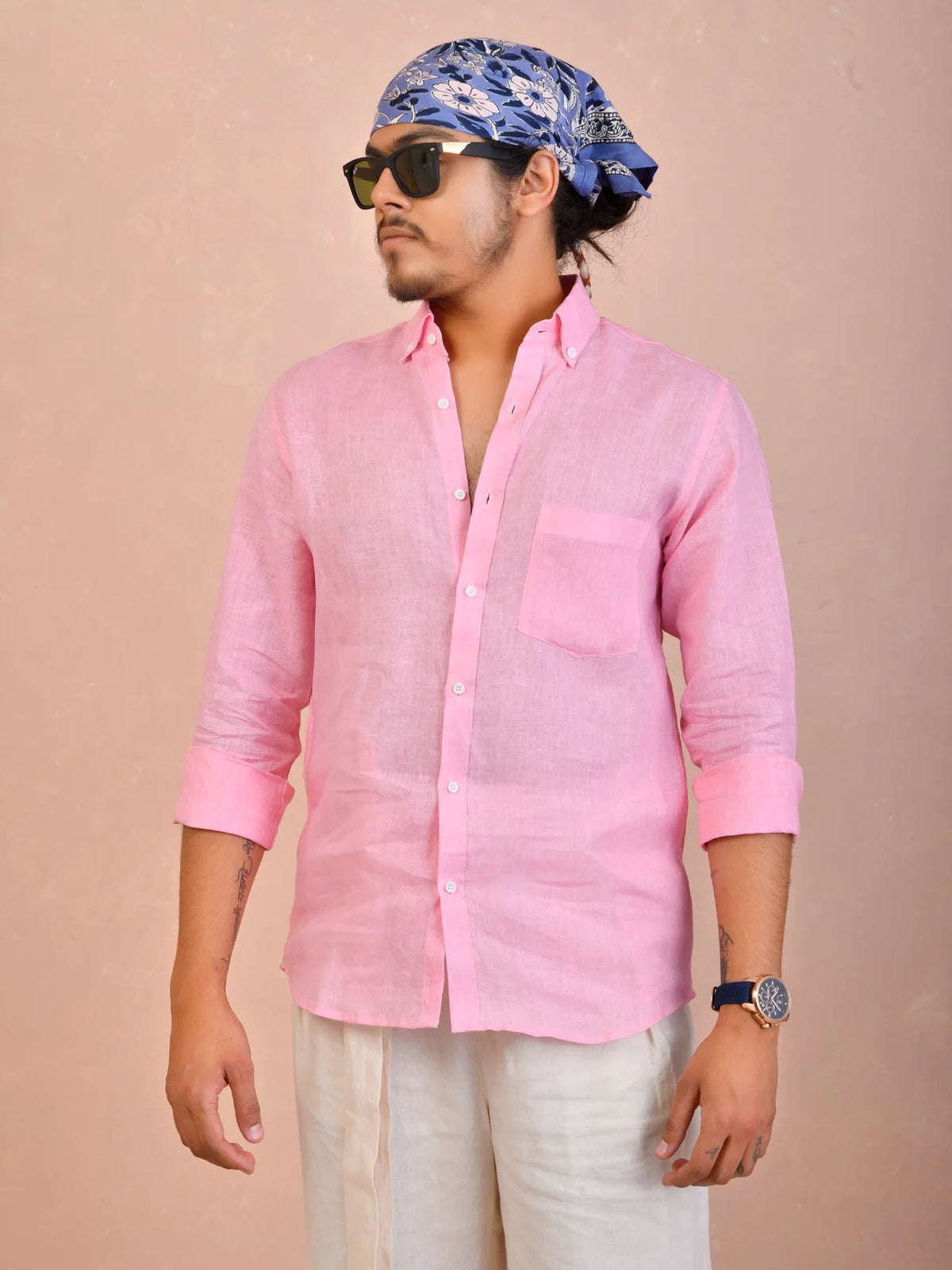 Solid Light Pink Pure Linen Shirt