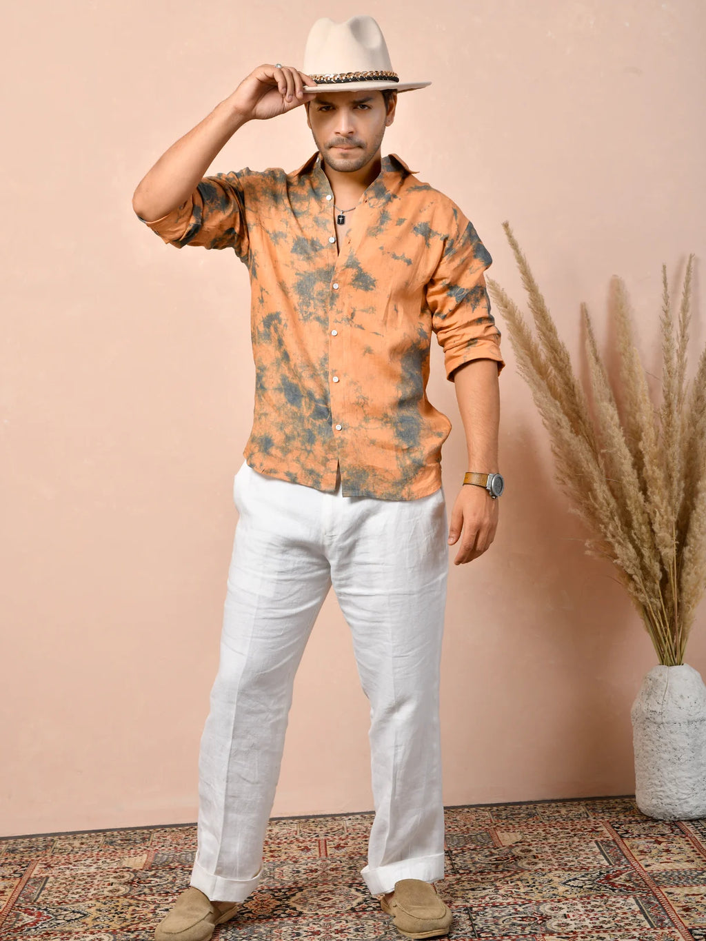 Tie & Dye Peach Orange Pure Linen Shirt