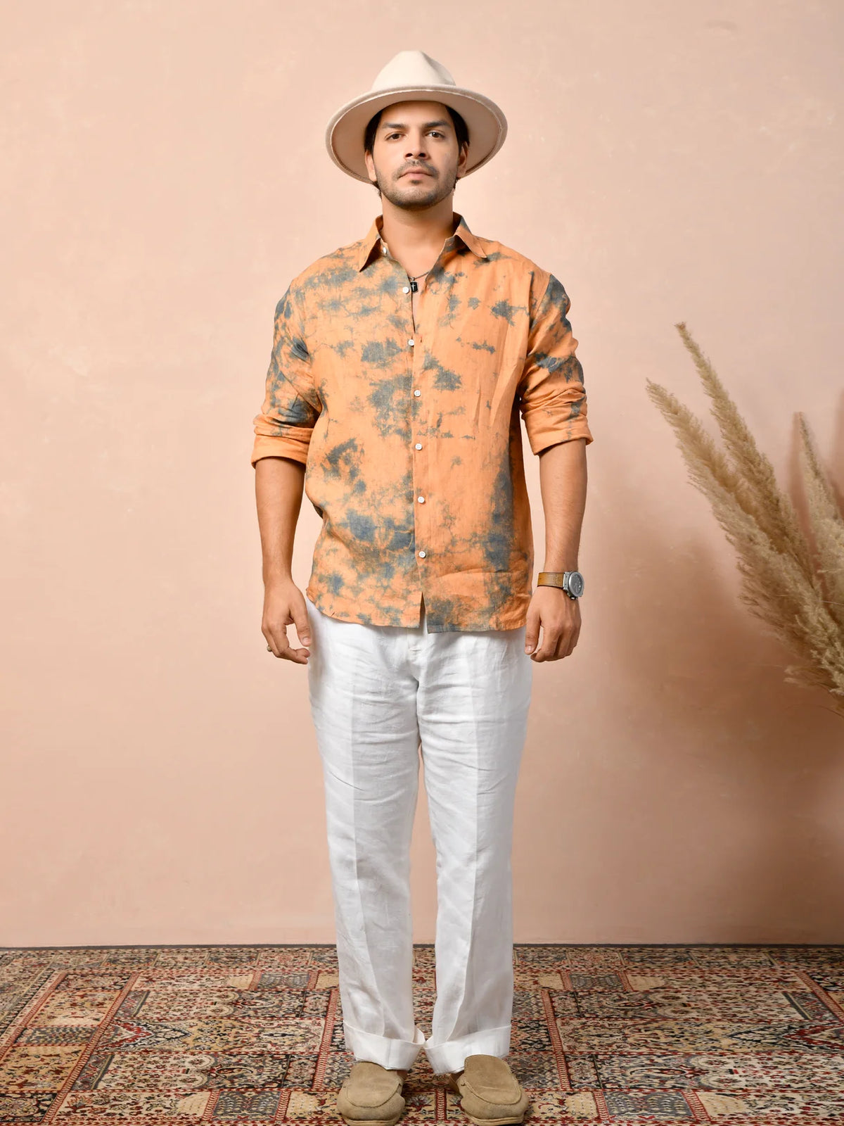 Tie & Dye Peach Orange Pure Linen Shirt