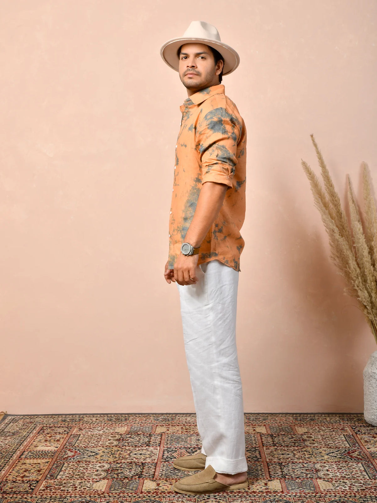 Tie & Dye Peach Orange Pure Linen Shirt