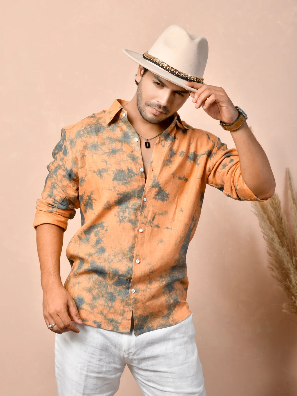 Tie & Dye Peach Orange Pure Linen Shirt