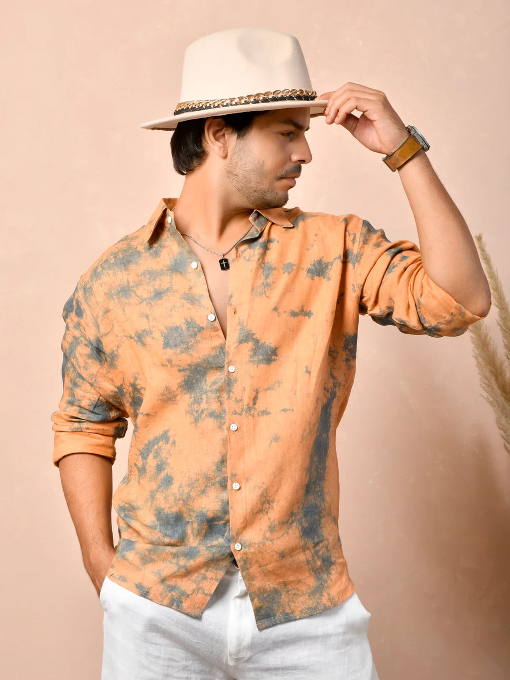 Tie & Dye Peach Orange Pure Linen Shirt