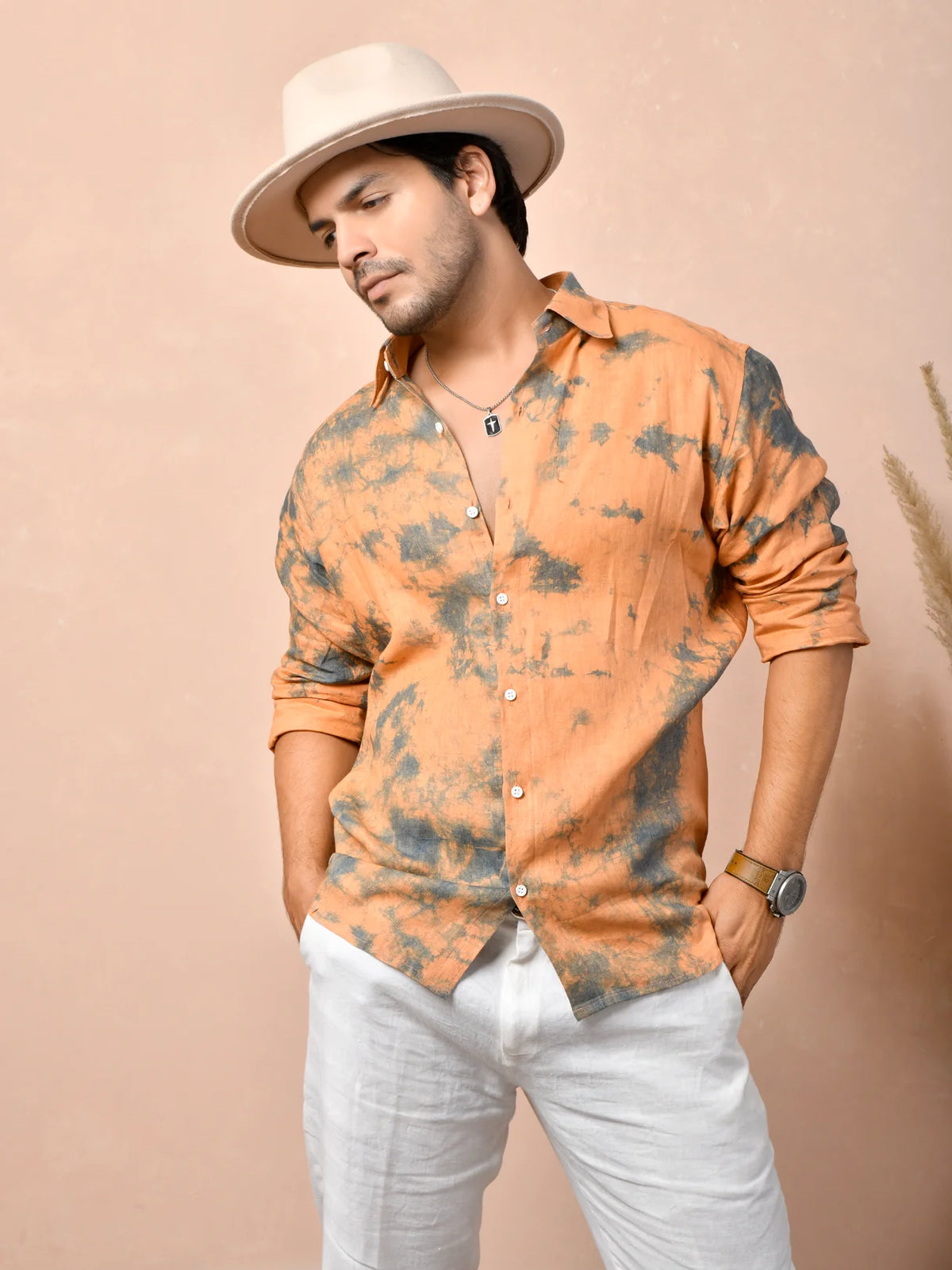 Tie & Dye Peach Orange Pure Linen Shirt