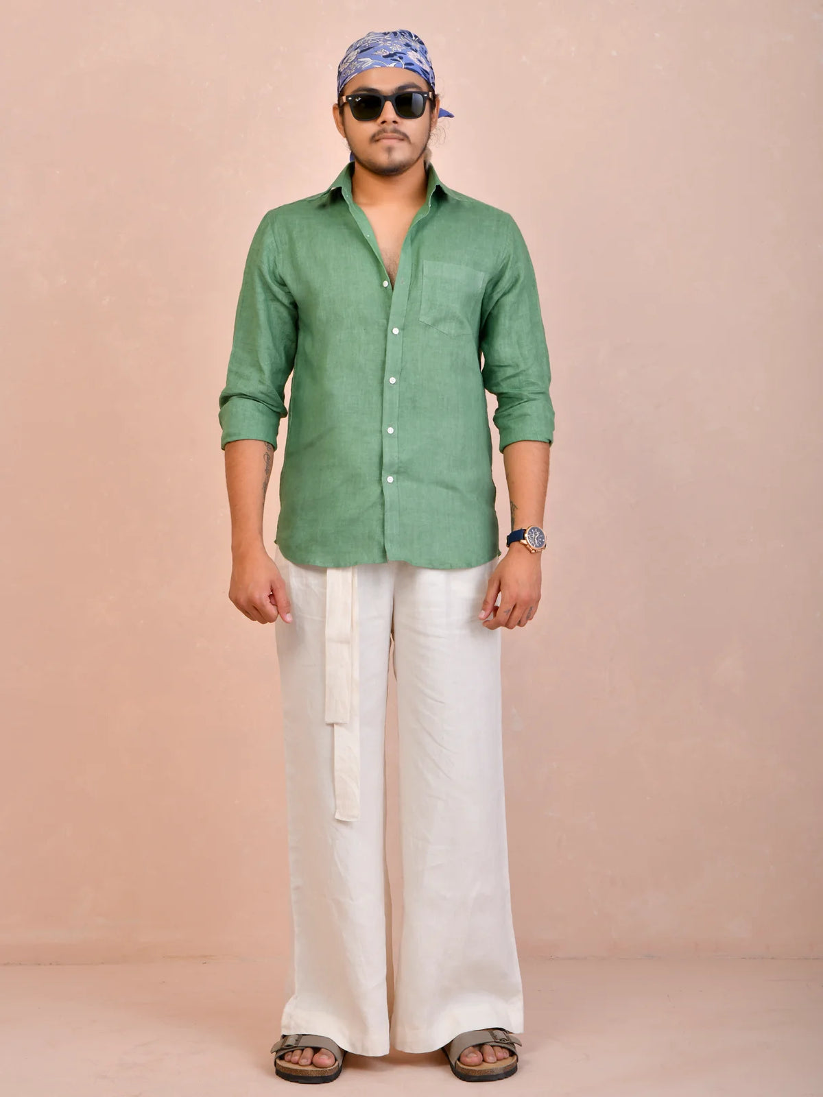 Solid Sage Green Pure Linen Shirt