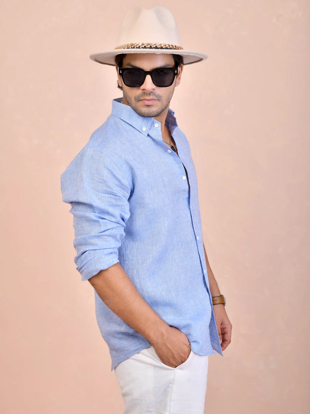 Solid Sky Blue Pure Linen Shirt
