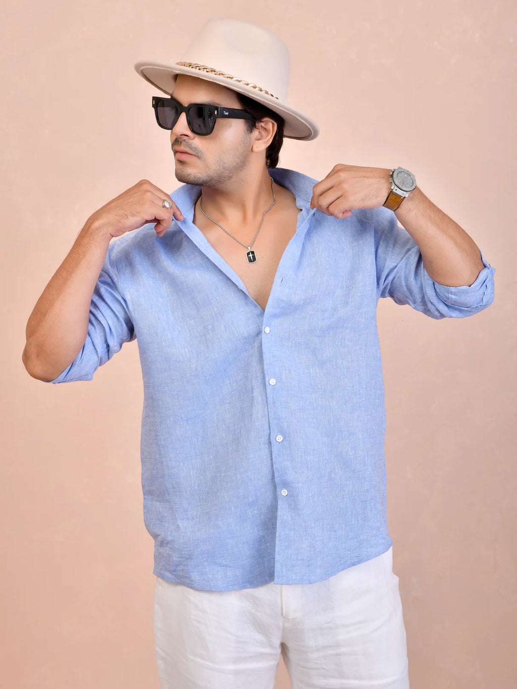 Solid Sky Blue Pure Linen Shirt