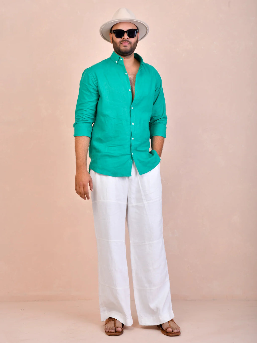 Solid Teal Green Pure Linen Shirt