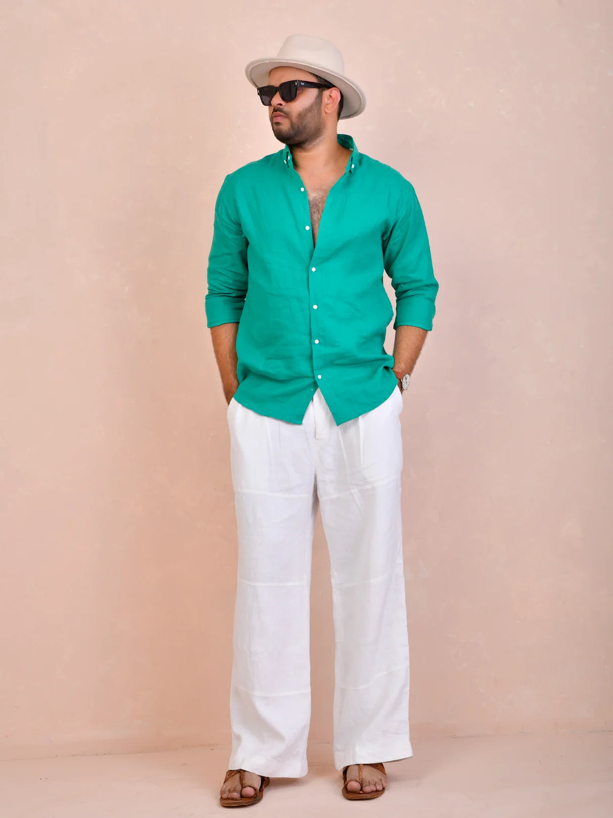 Solid Teal Green Pure Linen Shirt