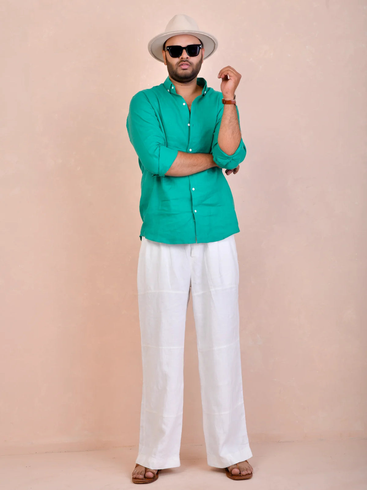 Solid Teal Green Pure Linen Shirt