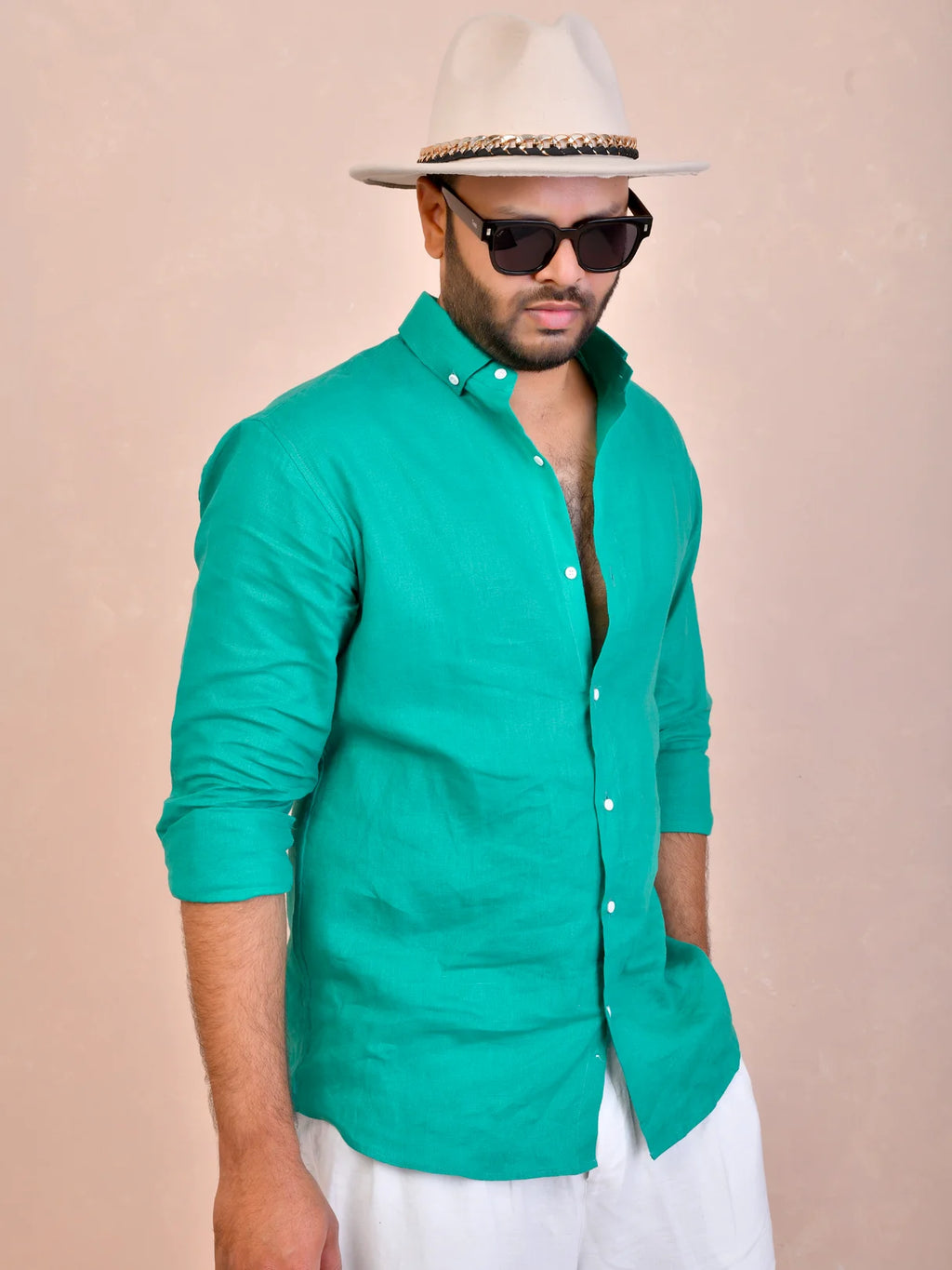 Solid Teal Green Pure Linen Shirt