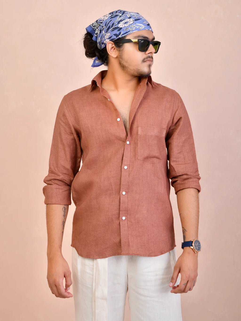 Solid Terracotta Brown Pure Linen Shirt