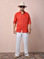 Bandhej Vermilion Red Pure Linen Shirt