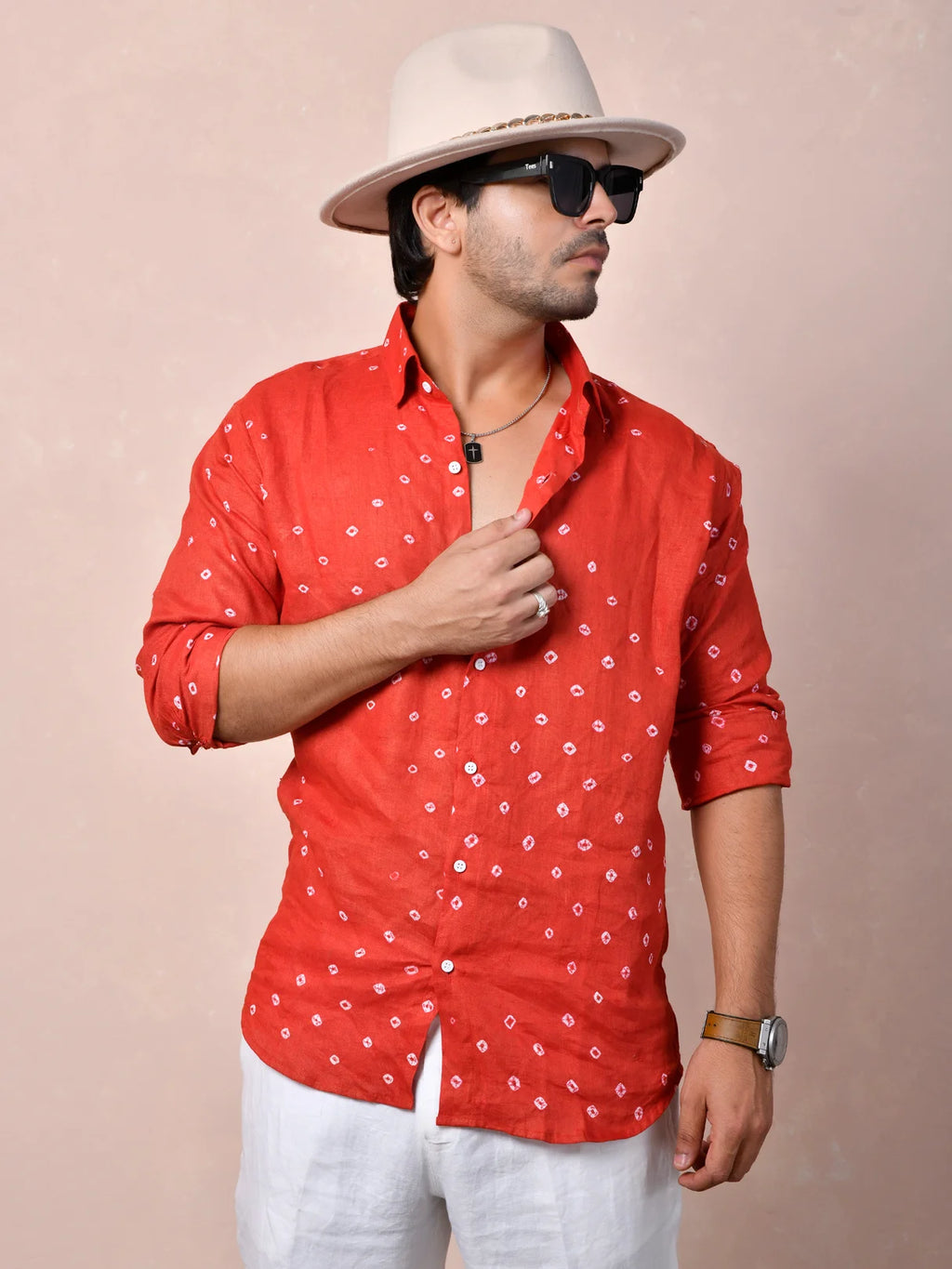 Bandhej Vermilion Red Pure Linen Shirt