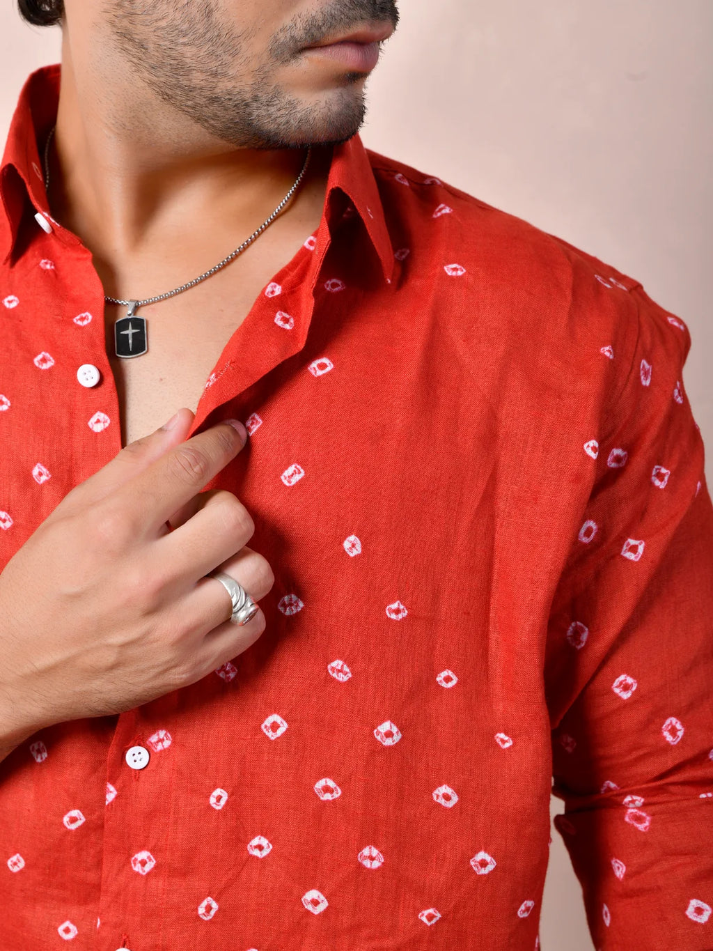 Bandhej Vermilion Red Pure Linen Shirt