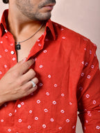 Bandhej Vermilion Red Pure Linen Shirt