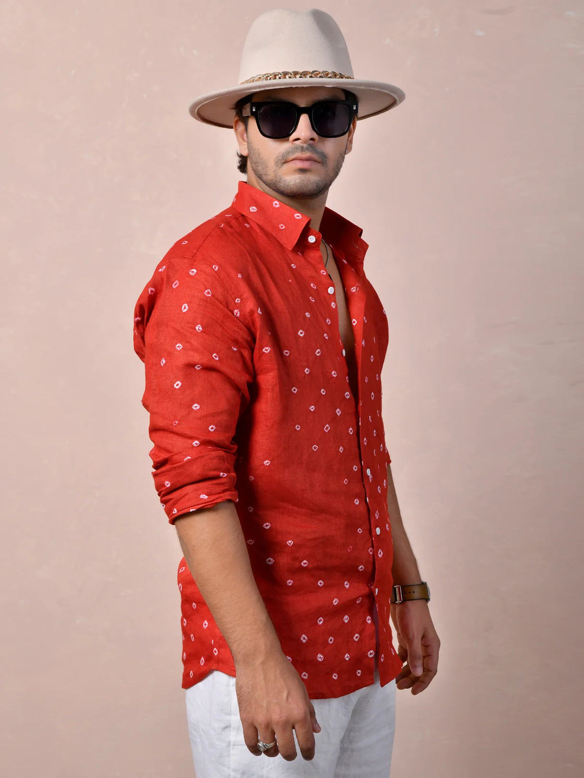 Bandhej Vermilion Red Pure Linen Shirt