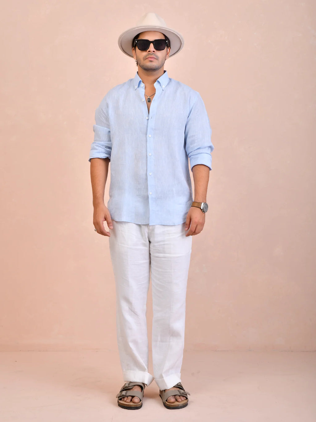 Solid Baby Blue Pure Linen Shirt