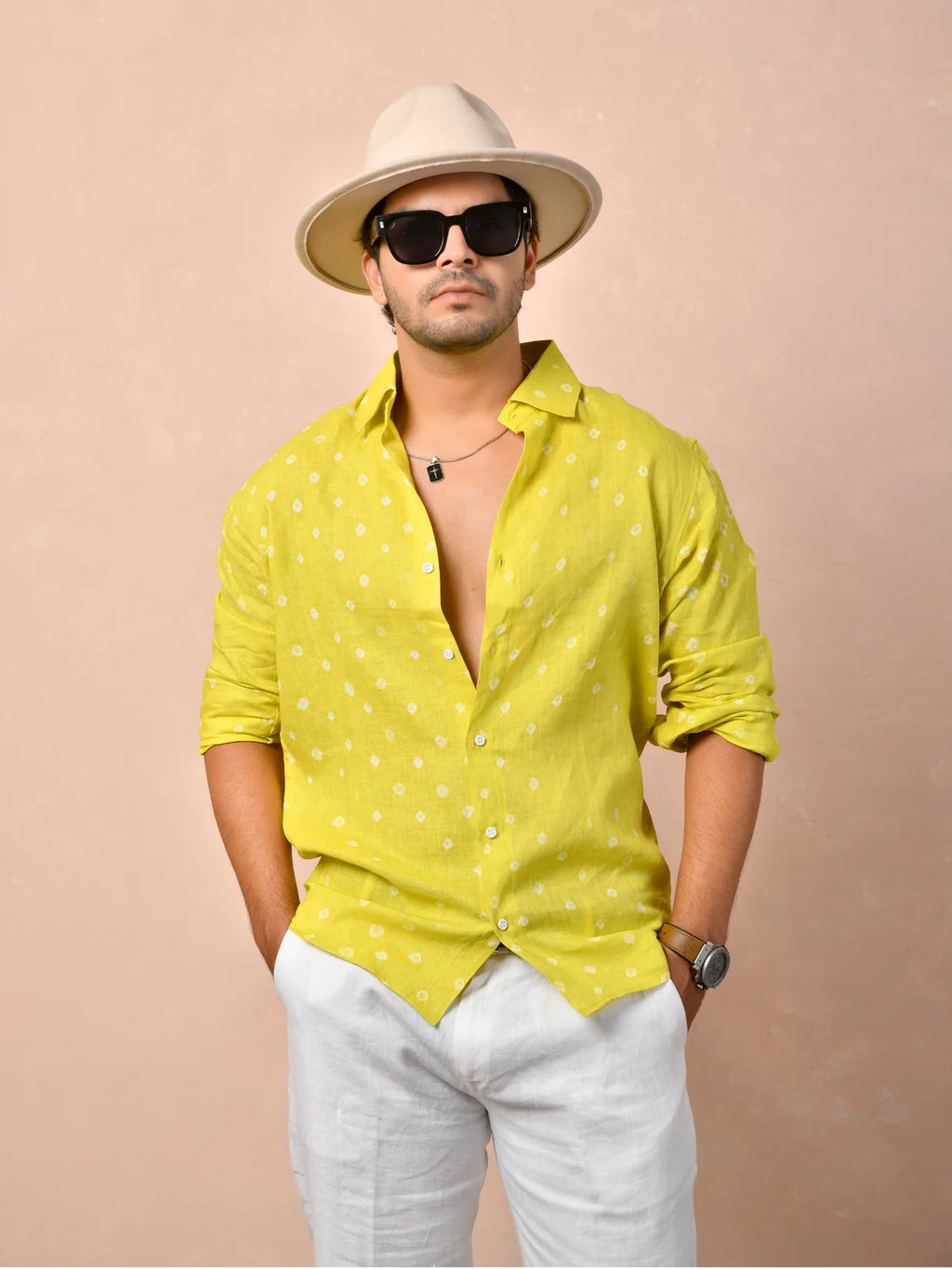 Bandhej Lime Yellow Pure Linen Shirt