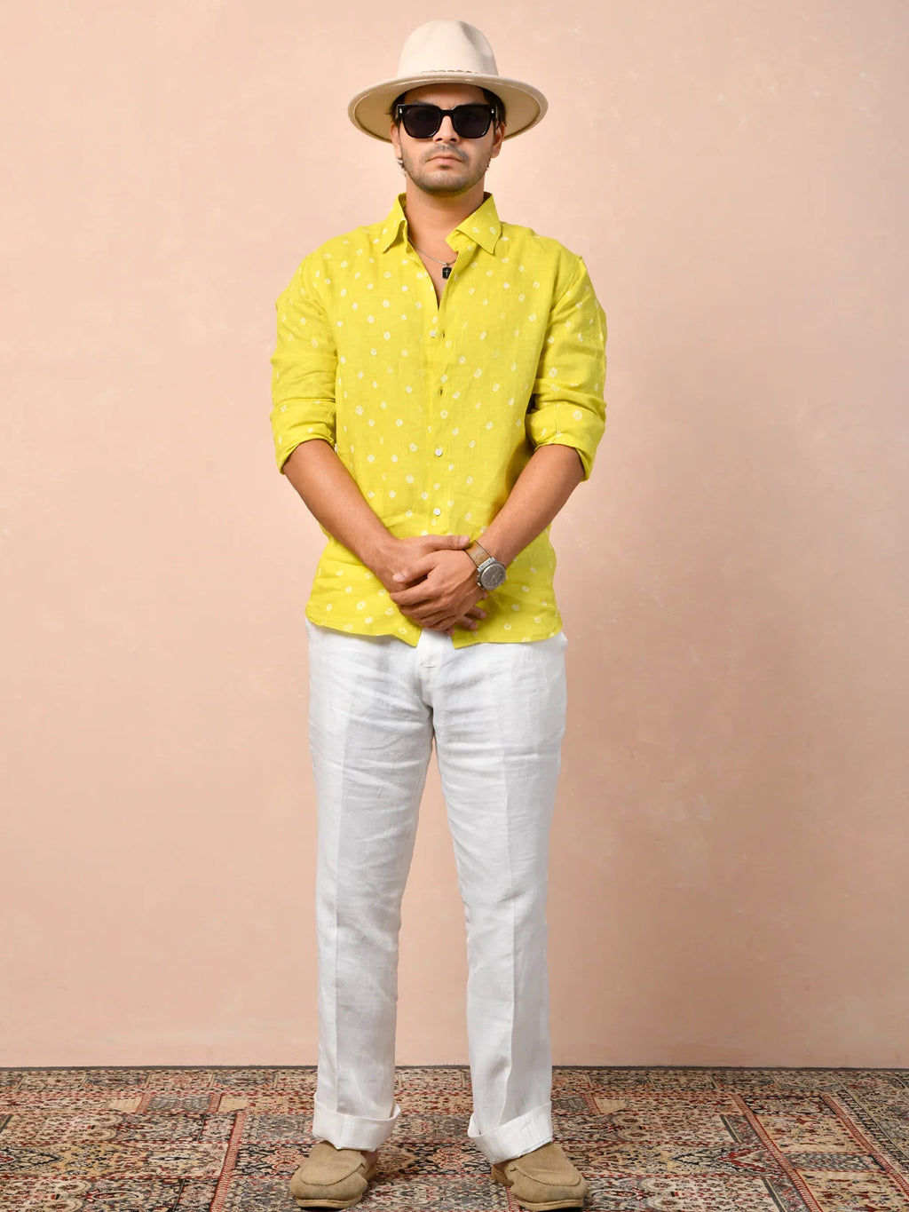 Bandhej Lime Yellow Pure Linen Shirt
