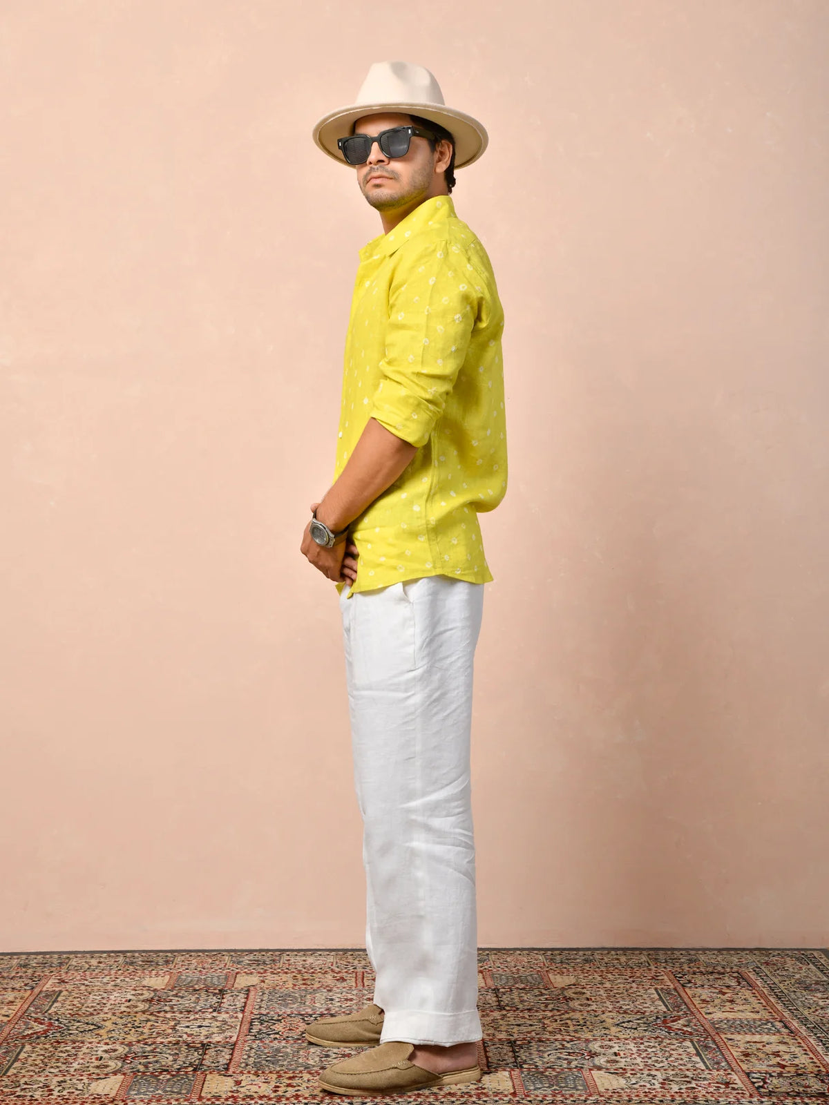 Bandhej Lime Yellow Pure Linen Shirt