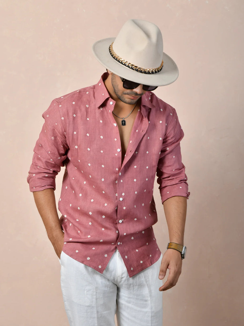 Bandhej Muted Rosewood Pure Linen Shirt