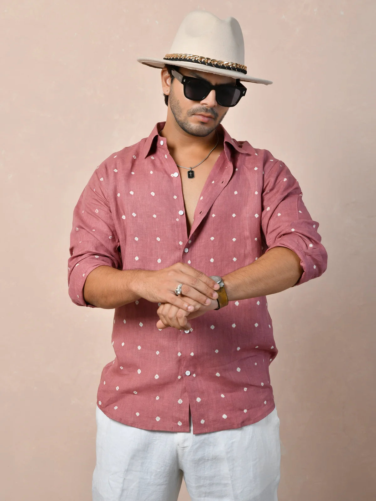 Bandhej Muted Rosewood Pure Linen Shirt