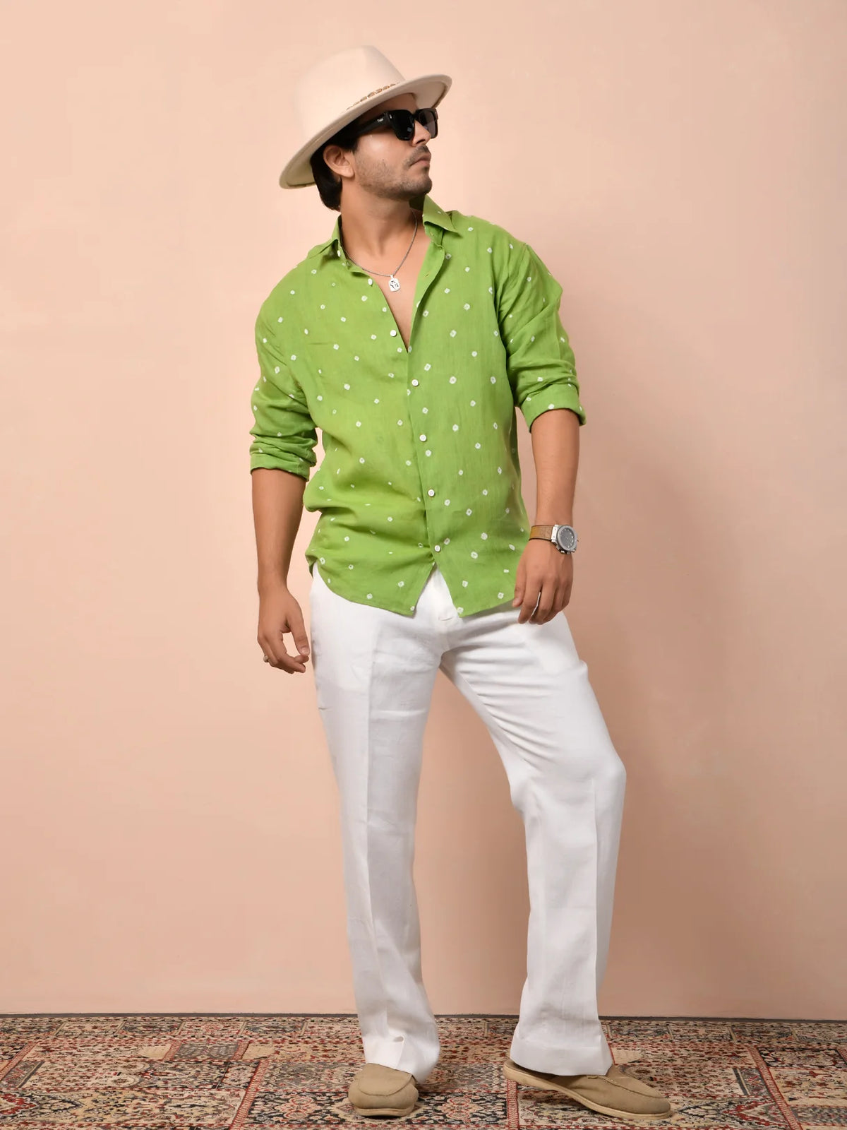 Bandhej Pistachio Green Pure Linen Shirt