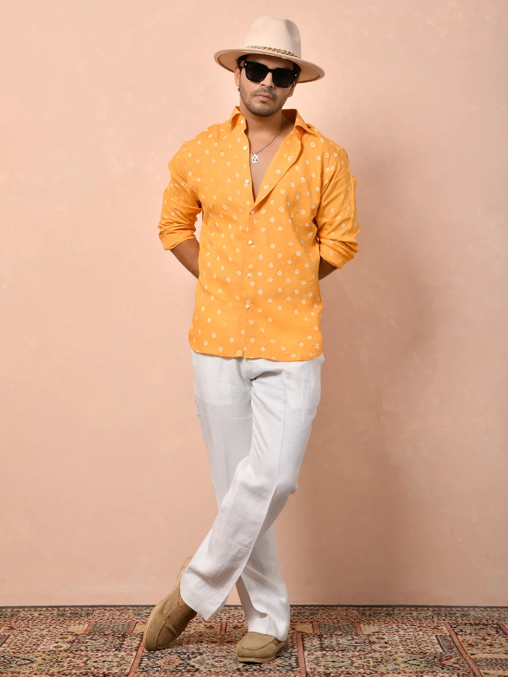 Bandhej Tangerine Orange Pure Linen Shirt