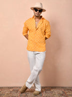 Bandhej Tangerine Orange Pure Linen Shirt
