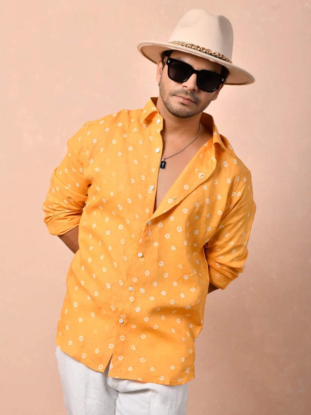 Bandhej Tangerine Orange Pure Linen Shirt