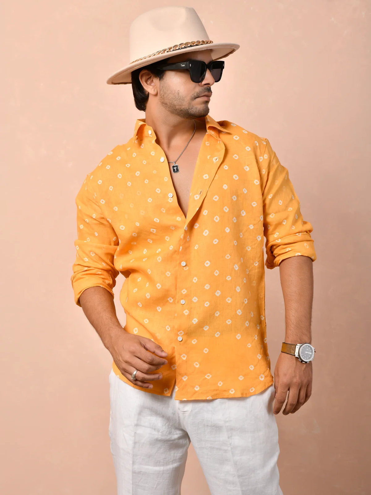 Bandhej Tangerine Orange Pure Linen Shirt