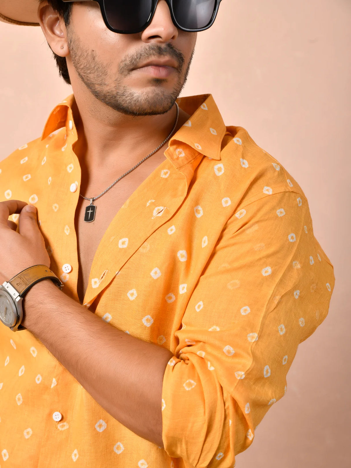 Bandhej Tangerine Orange Pure Linen Shirt