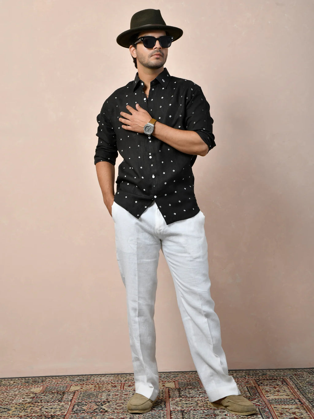 Bandhej Black Pure Linen Shirt