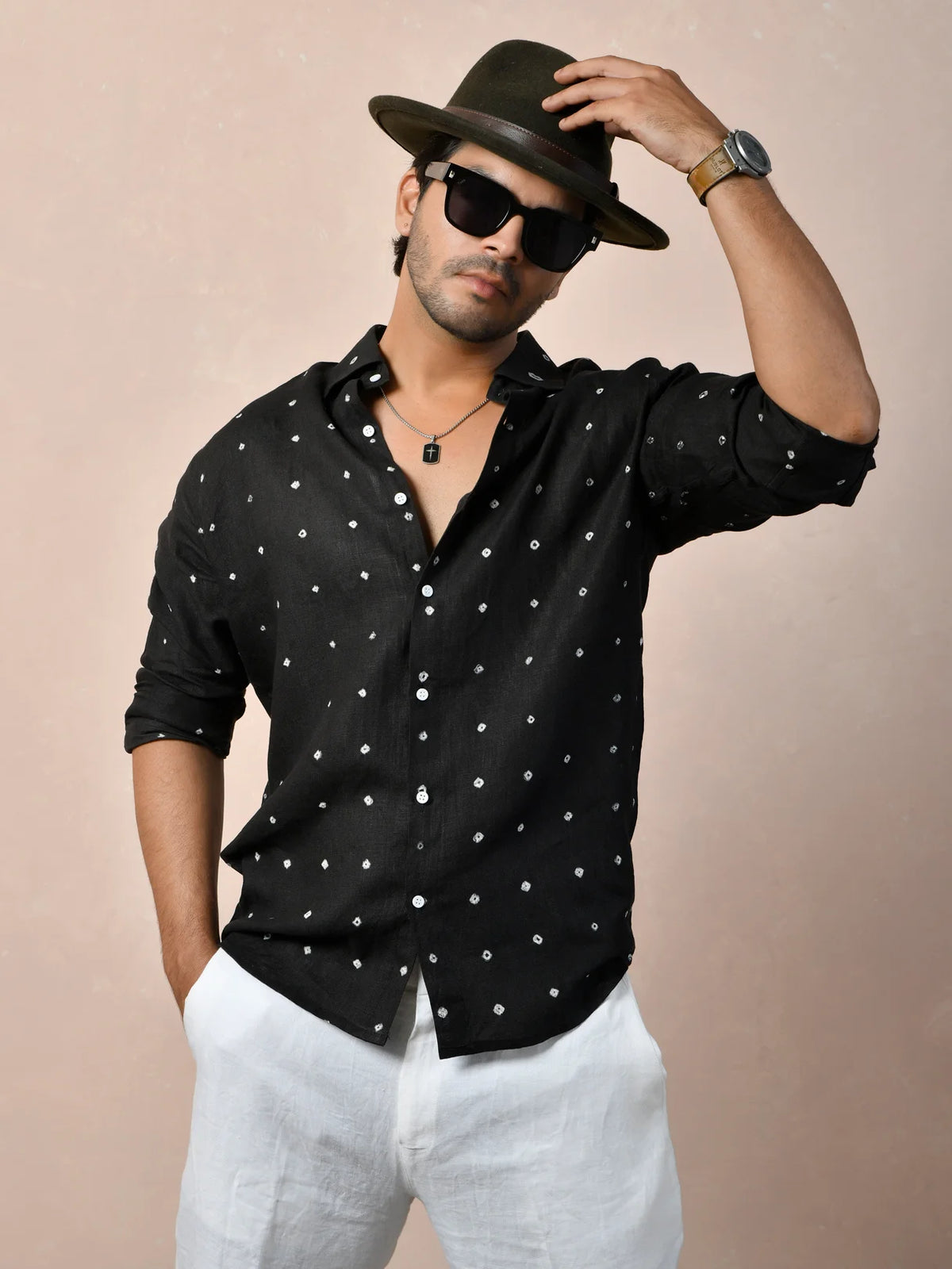 Bandhej Black Pure Linen Shirt