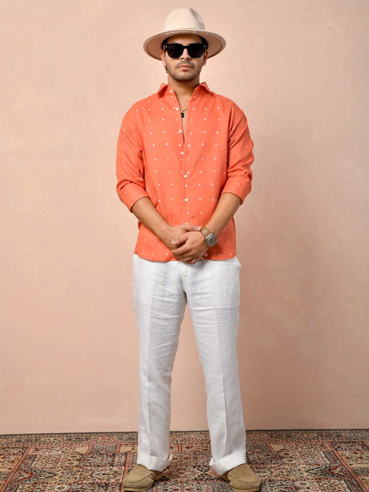 Bandhani Orange Pure Linen Shirt